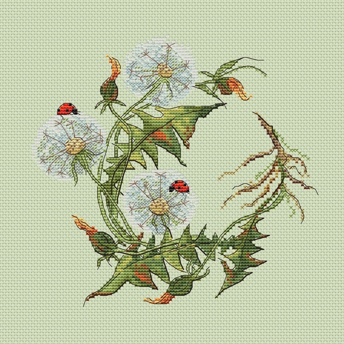Dandelions and Ladybugs Cross Stitch Pattern фото 1