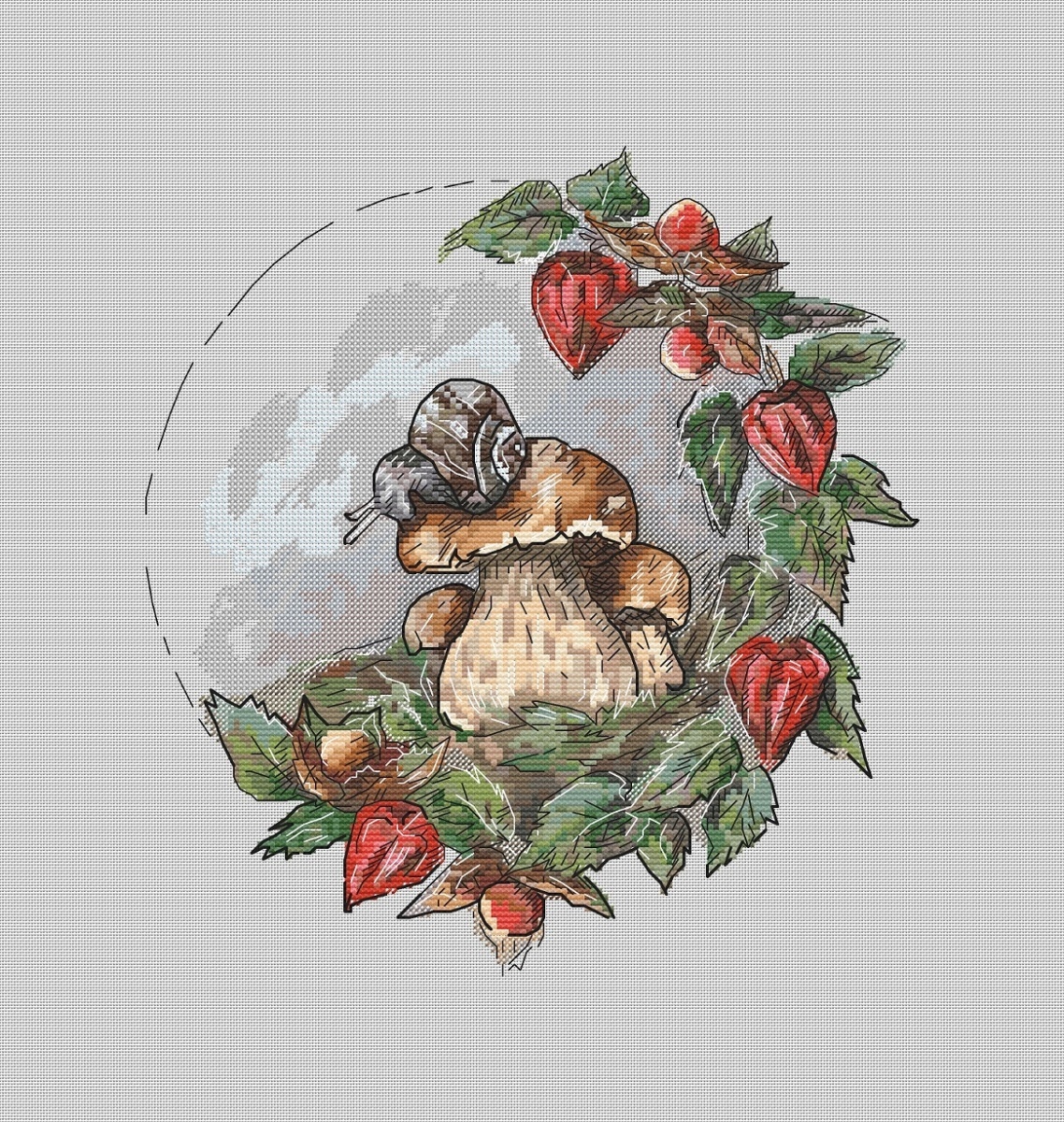 Forest Wreath. Boletus and Snail Cross Stitch Pattern фото 1