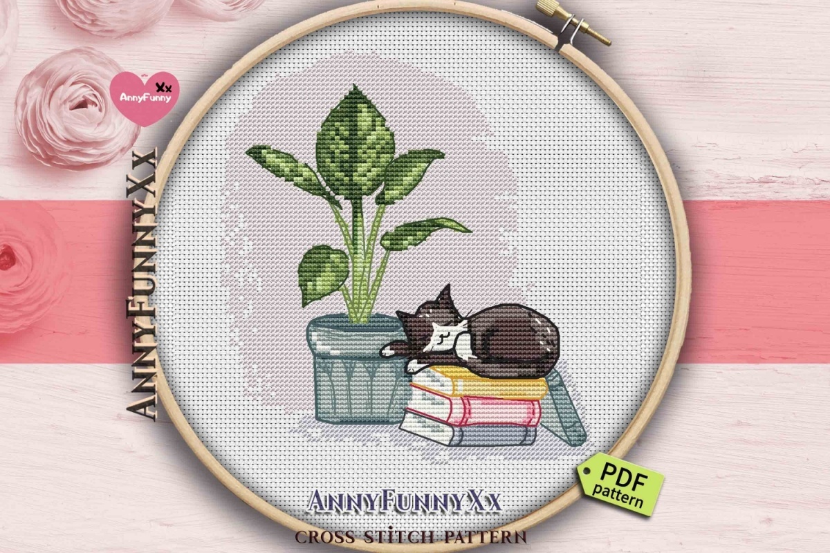 Sleeping Cat with a Plant Cross Stitch Pattern фото 3