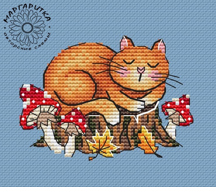 Cat with Agarics Cross Stitch Pattern фото 1