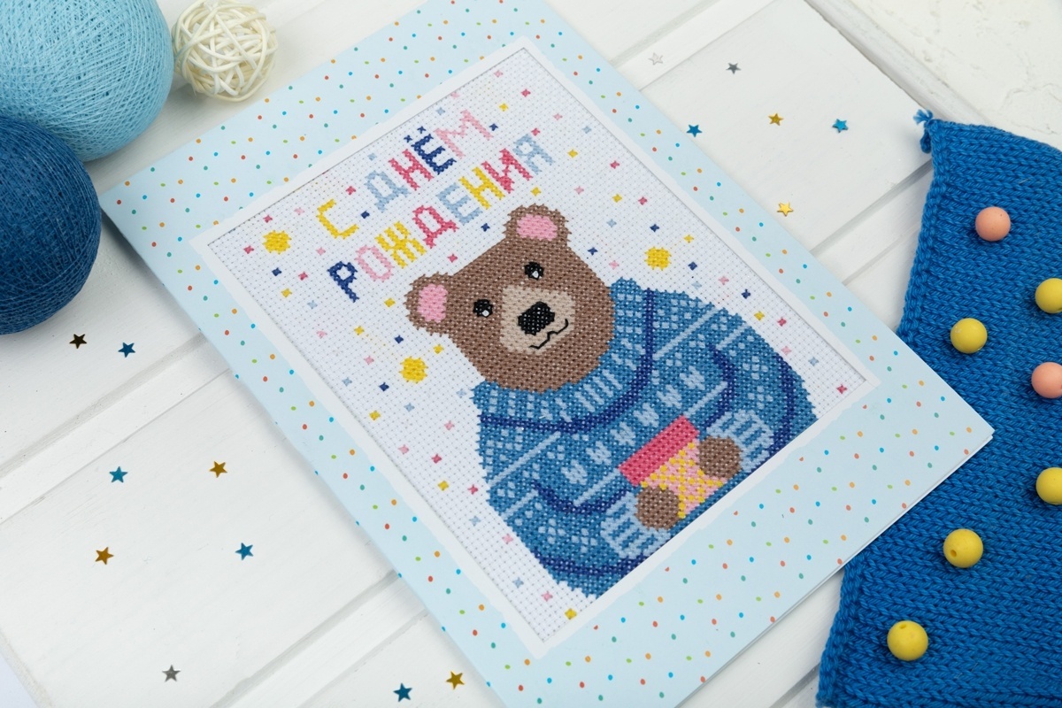 Postcard. Bear with Present Cross Stitch Kit фото 4