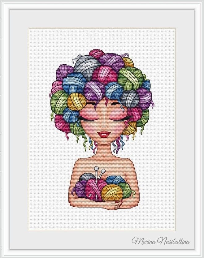 Girl with Balls of Yarn Cross Stitch Pattern фото 1