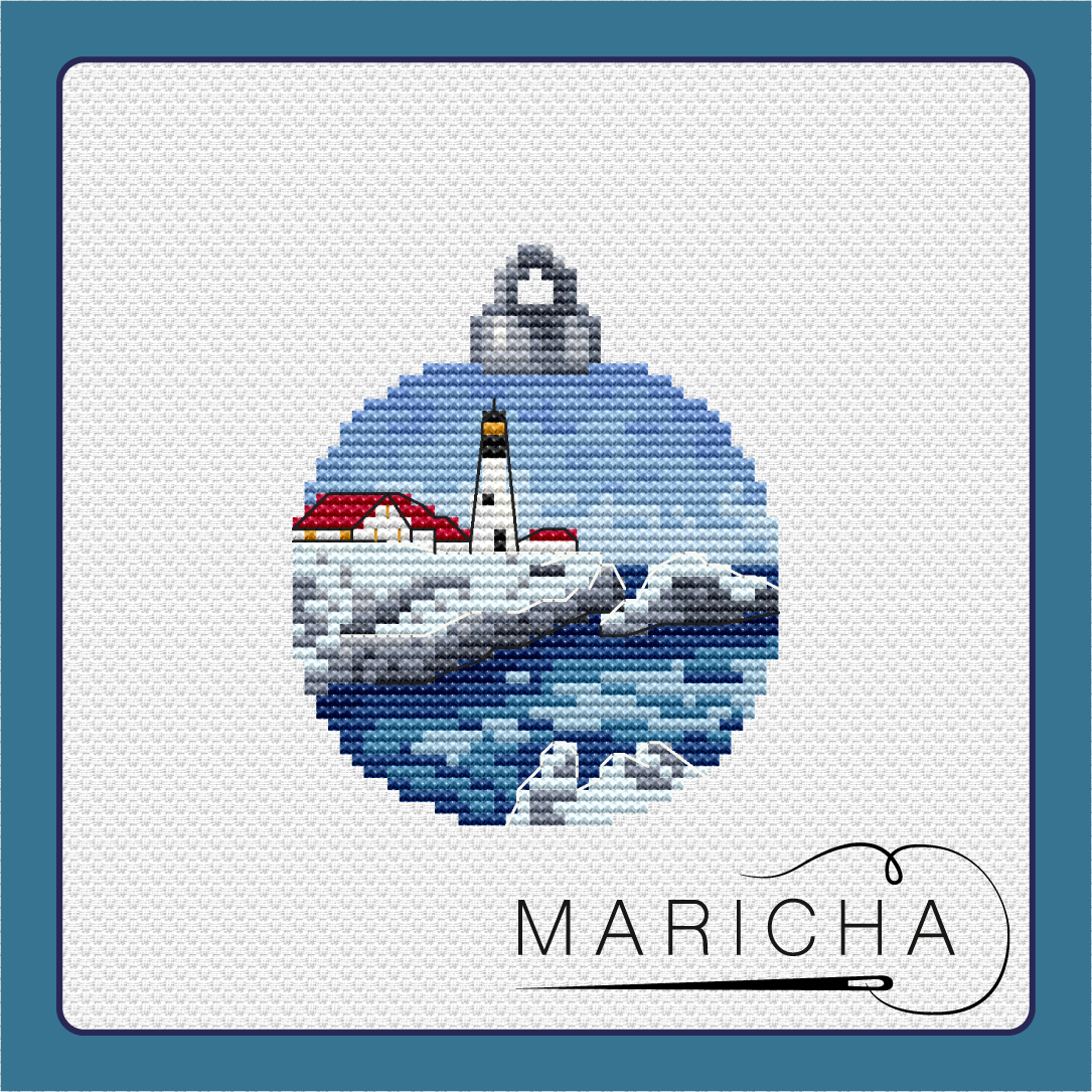Lighthouse in Snowy Rocks Christmas Ball Cross Stitch Pattern фото 1