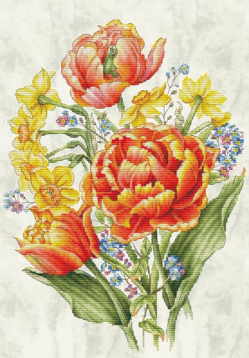 Tulips, Daffodils, Forget-me-nots Cross Stitch Pattern фото 1