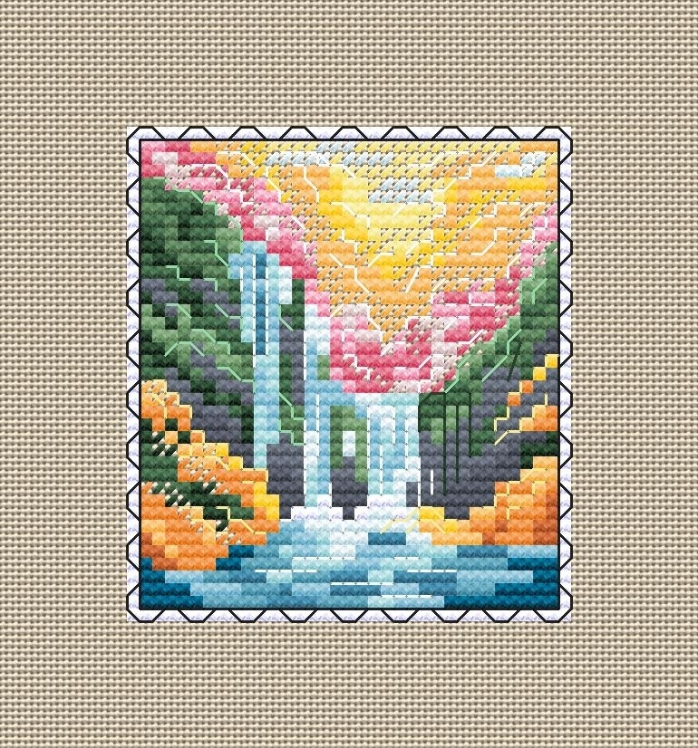 Waterfall Postage Stamp Cross Stitch Pattern фото 2