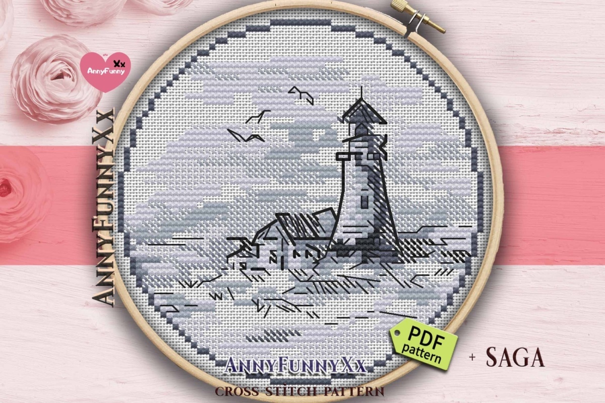 Grayscale Lighthouse Cross Stitch Pattern фото 1