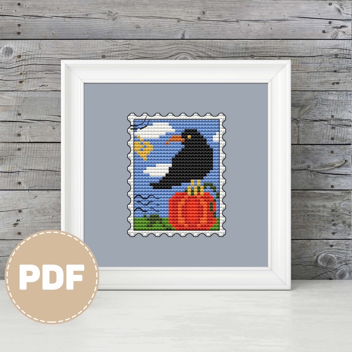 Postage Stamp. Raven on a Pumpkin Cross Stitch Pattern фото 2
