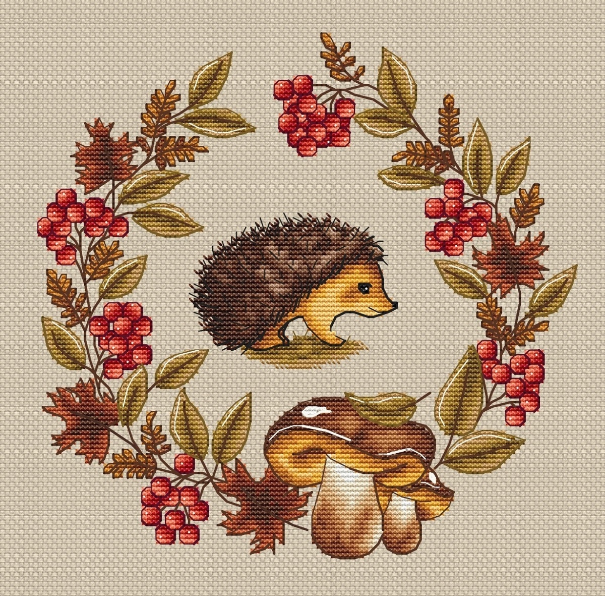 Hedgehog in an Autumn Wreath Cross Stitch Pattern фото 1