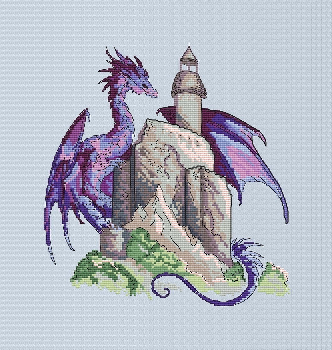 Purple Dragon with Castle Cross Stitch Pattern фото 3