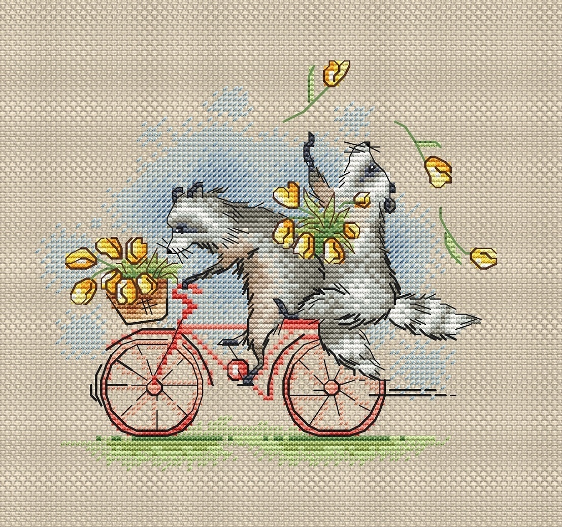 Raccoons on a Bike Cross Stitch Pattern фото 1