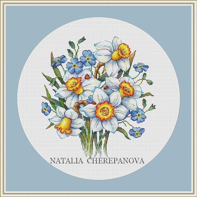 Daffodils and Forget-me-nots Cross Stitch Pattern фото 1
