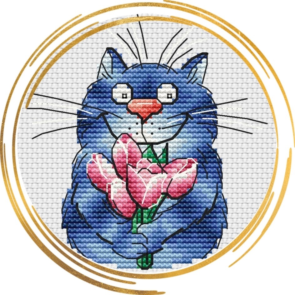 Cat with Flowers Cross Stitch Pattern фото 1