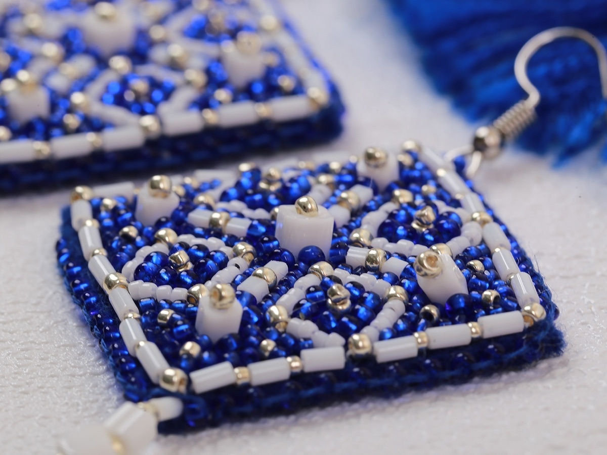 Square Earrings. Blue Ornament Bead Embroidery Kit фото 3