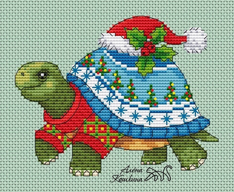 Tortoise in a Christmas Sweater Cross Stitch Pattern фото 1