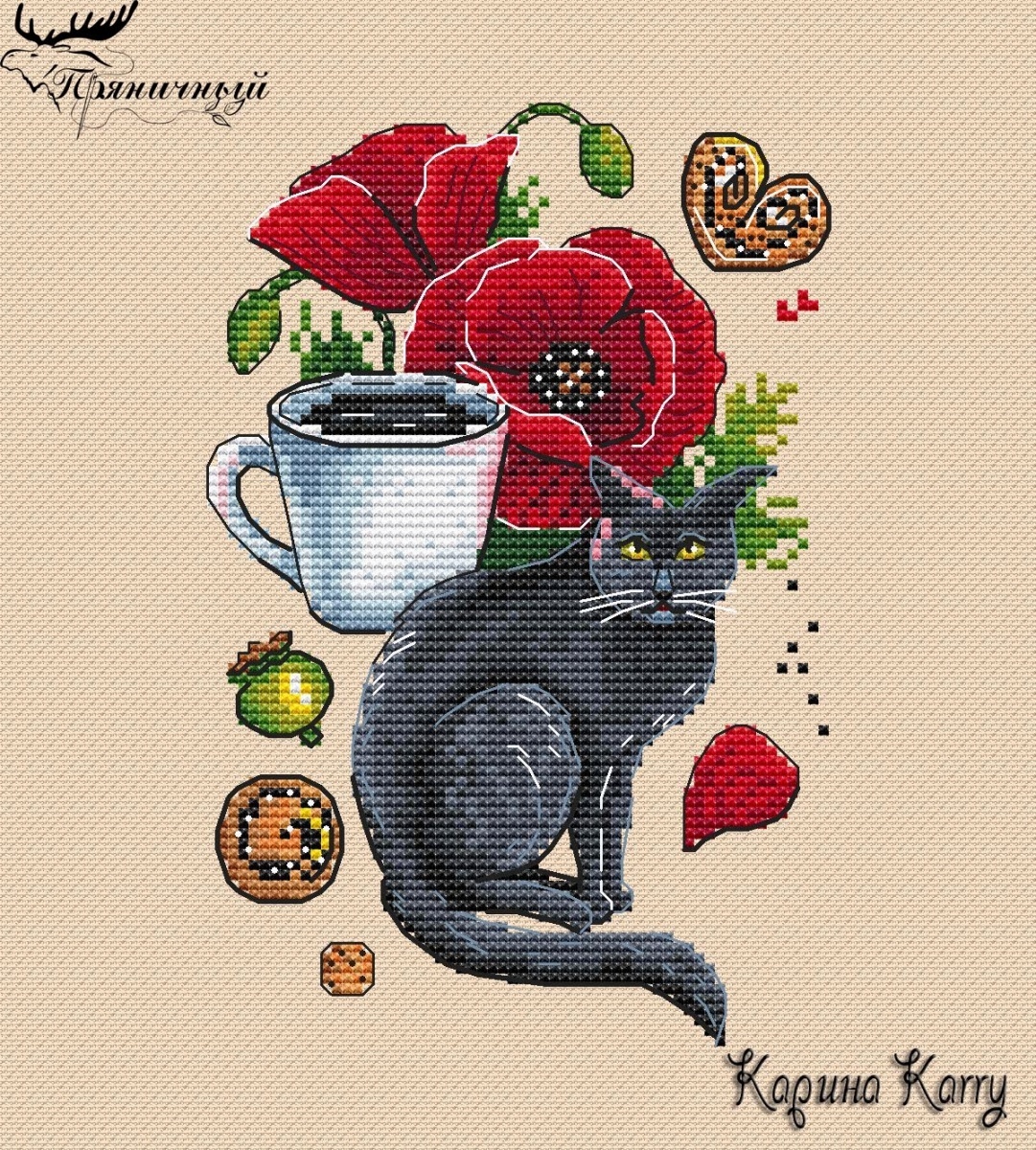 Black Cat and Poppy Cross Stitch Pattern фото 1