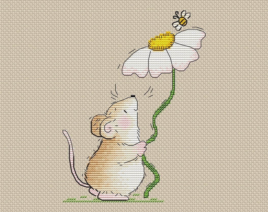 Mouse with a Flower Cross Stitch Pattern фото 1