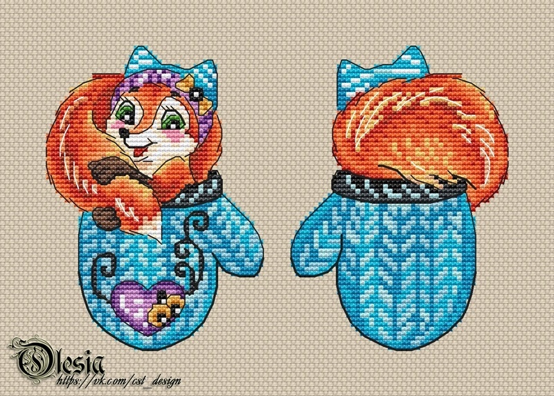 Mittens with Fox Cross Stitch Pattern фото 1