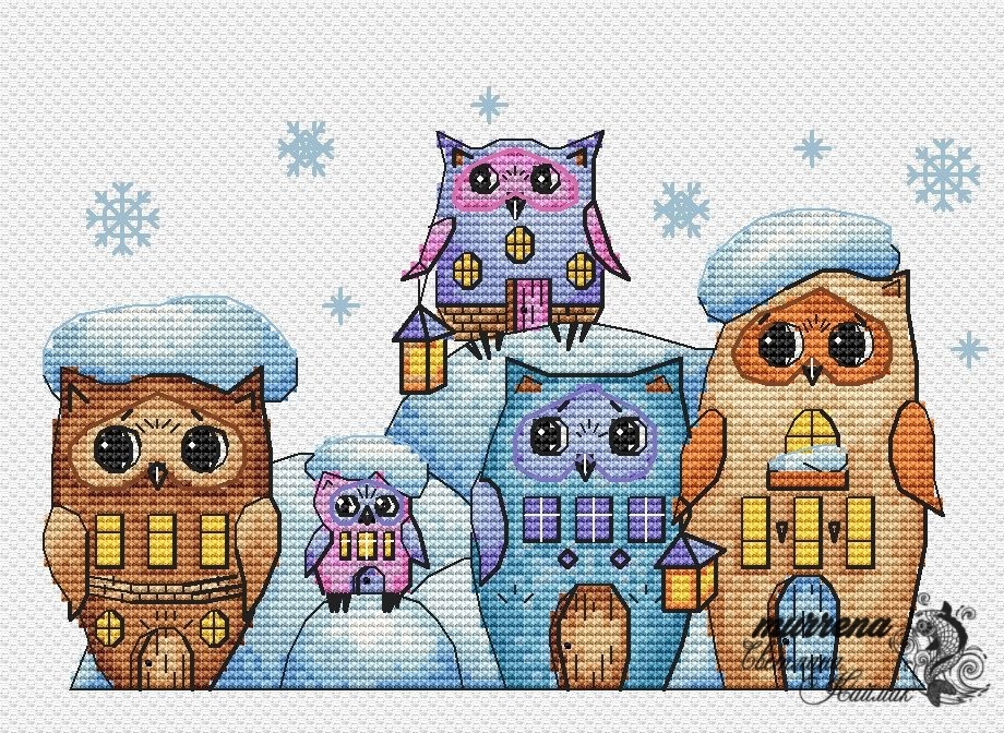 Owl Houses Cross Stitch Pattern фото 1