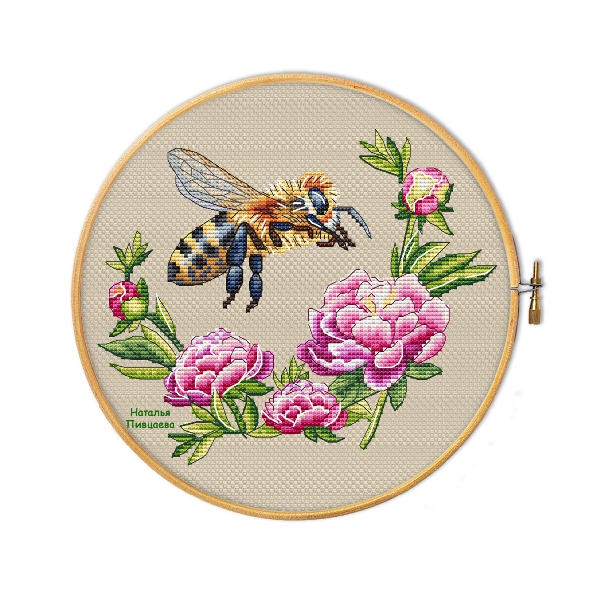 Bee Lands On Peony Cross Stitch Pattern фото 1