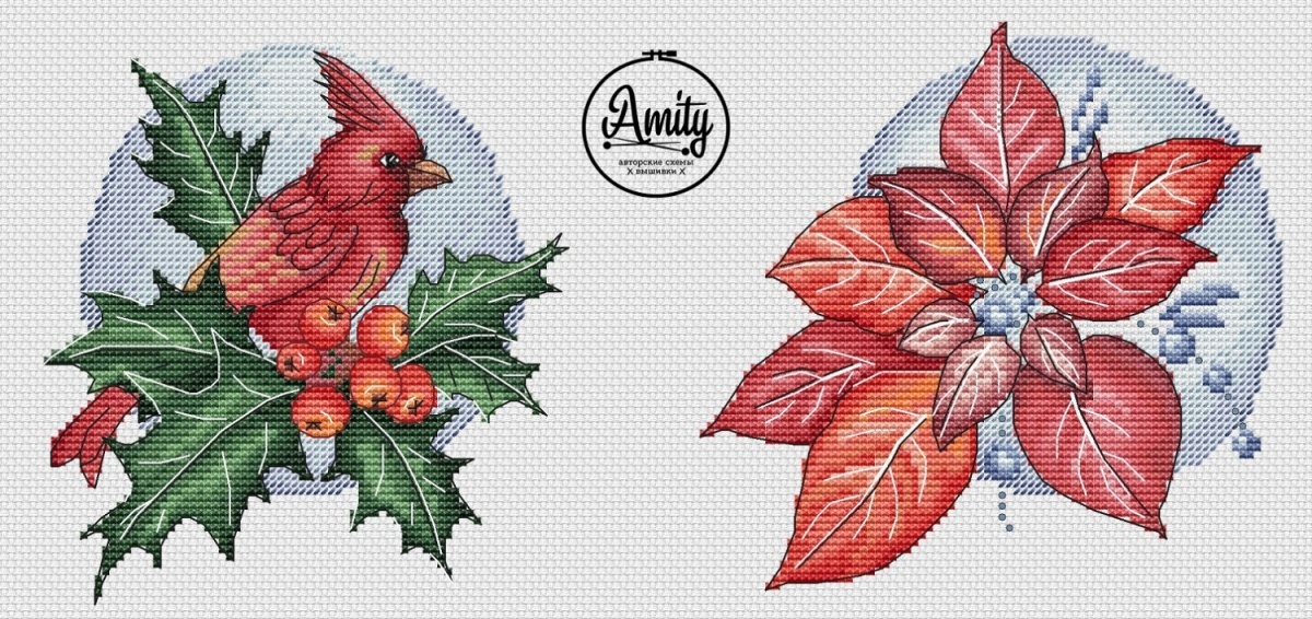 Cardinal and Poinsettia Cross Stitch Pattern фото 1