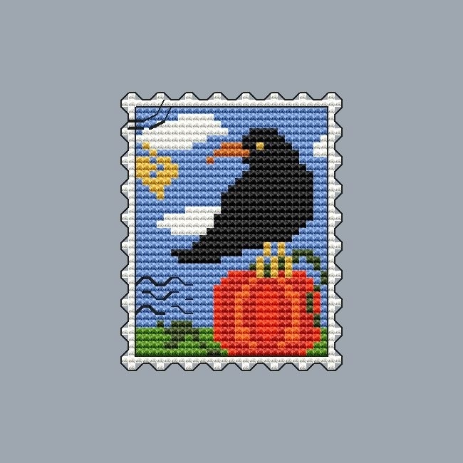 Postage Stamp. Raven on a Pumpkin Cross Stitch Pattern фото 1