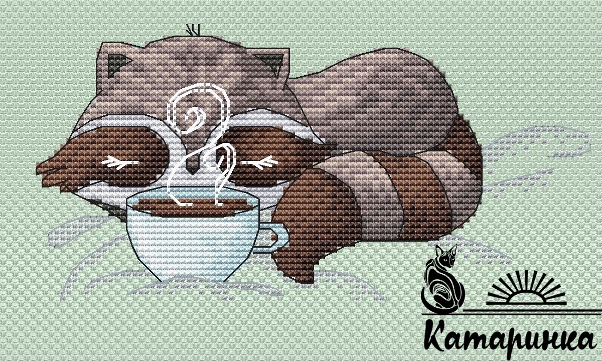 Little Raccoon with Coffee Cross Stitch Pattern фото 1