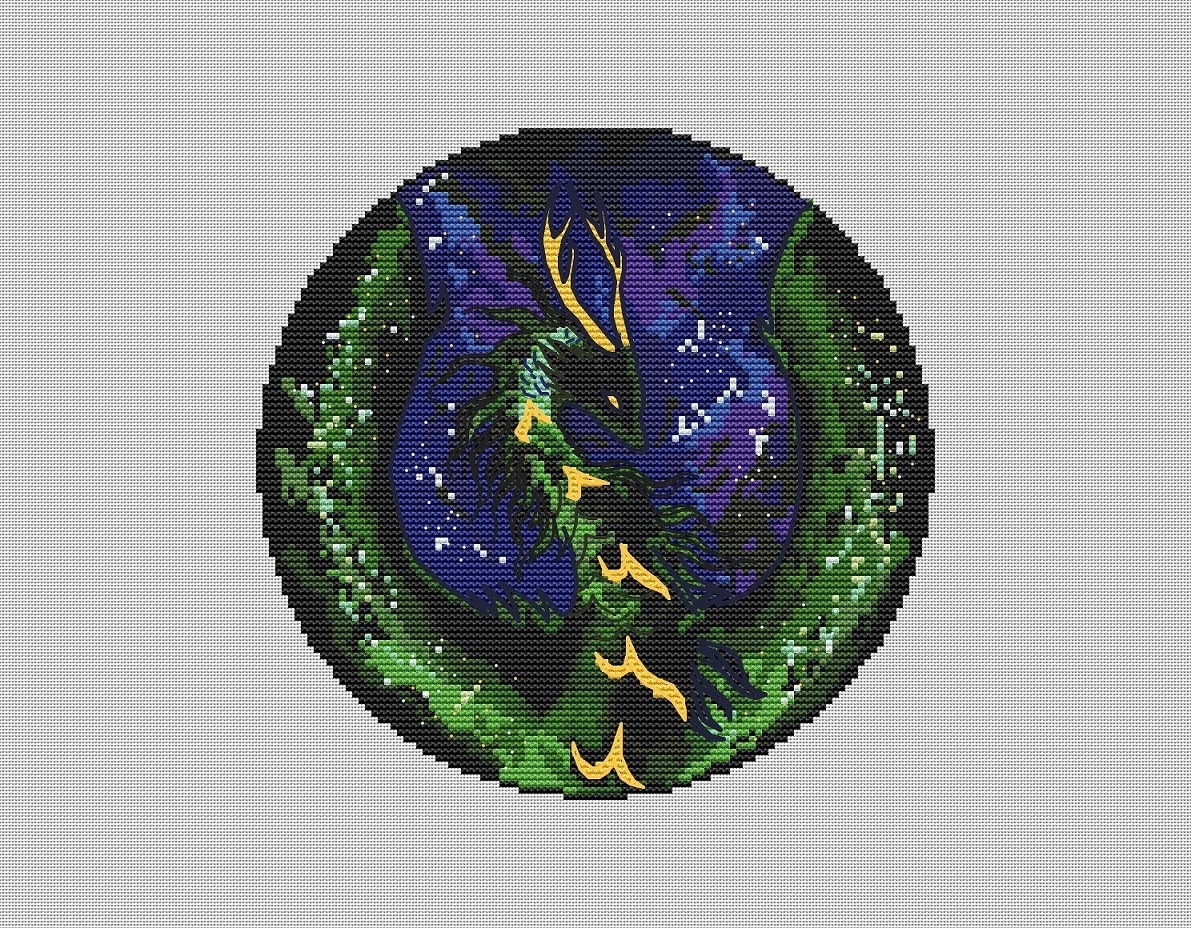 Green Dragon Circle Cross Stitch Pattern фото 1