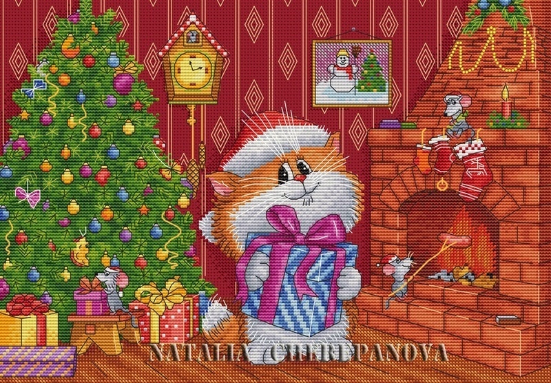 Cat and Christmas Gifts Cross Stitch Pattern фото 1