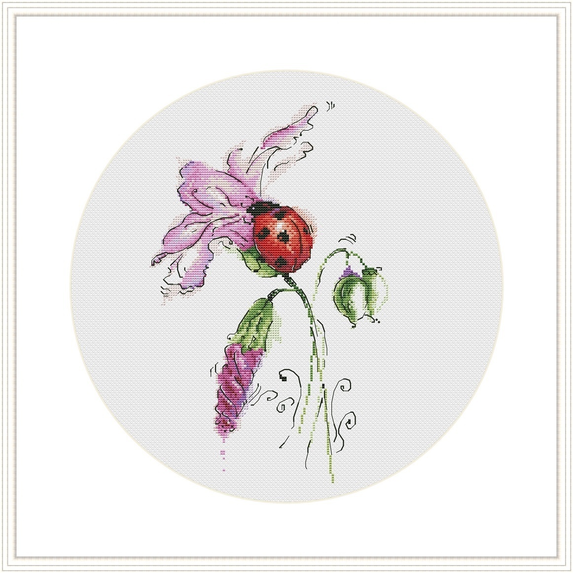 Ladybug and Pink Bindweed Cross Stitch Pattern фото 1