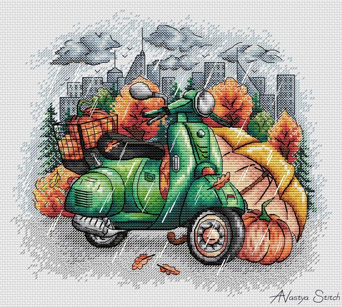 Autumn Scooter Cross Stitch Pattern фото 1