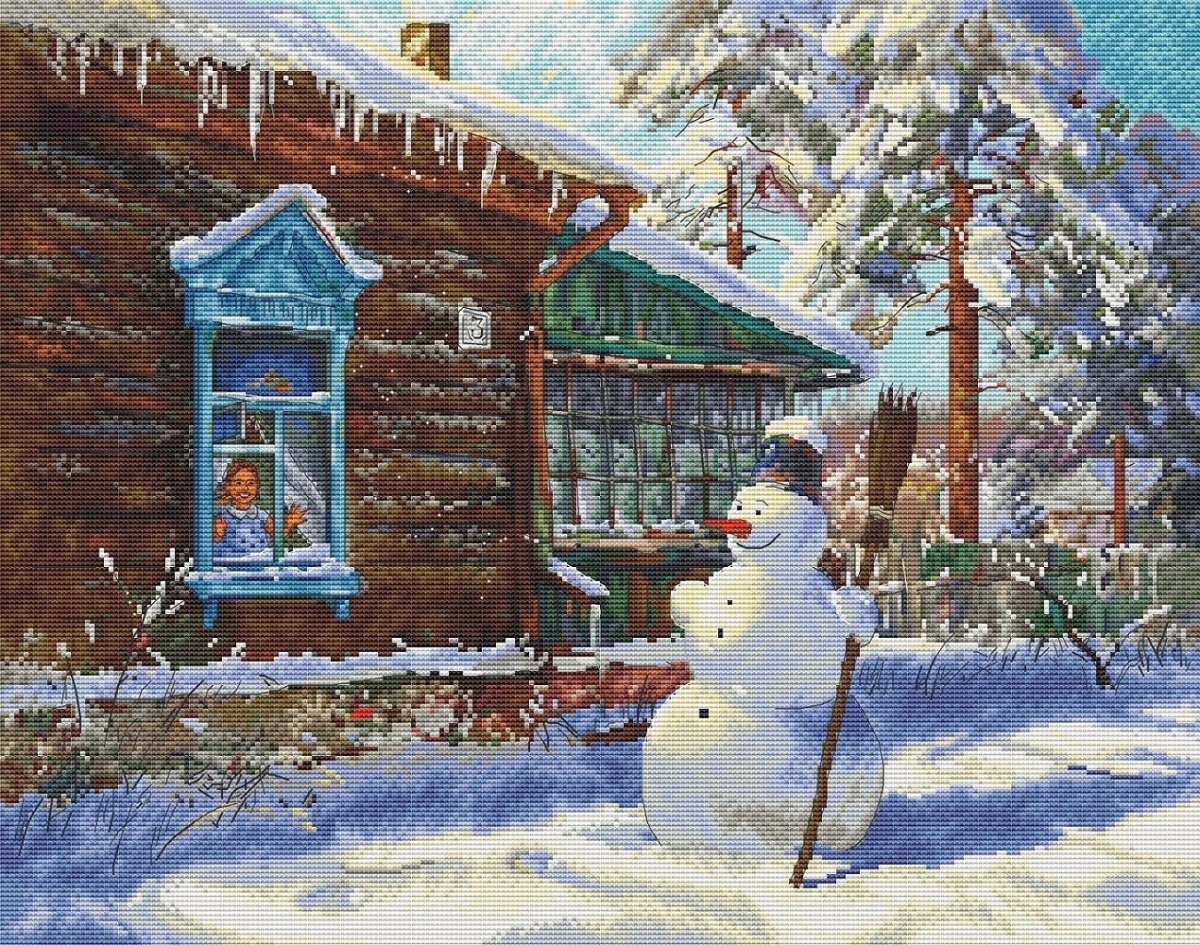 Snowman in Village Cross Stitch Pattern фото 1