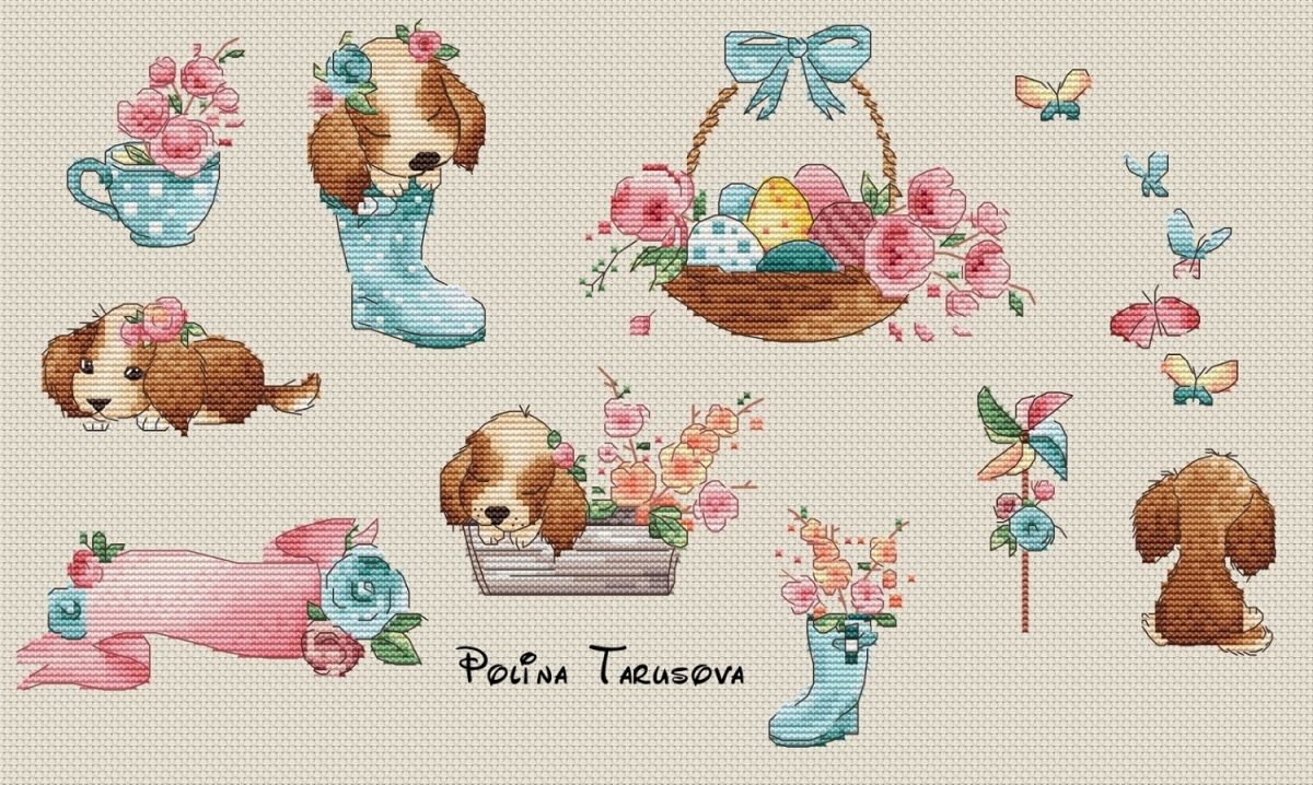 Spring Puppy Cross Stitch Pattern фото 1