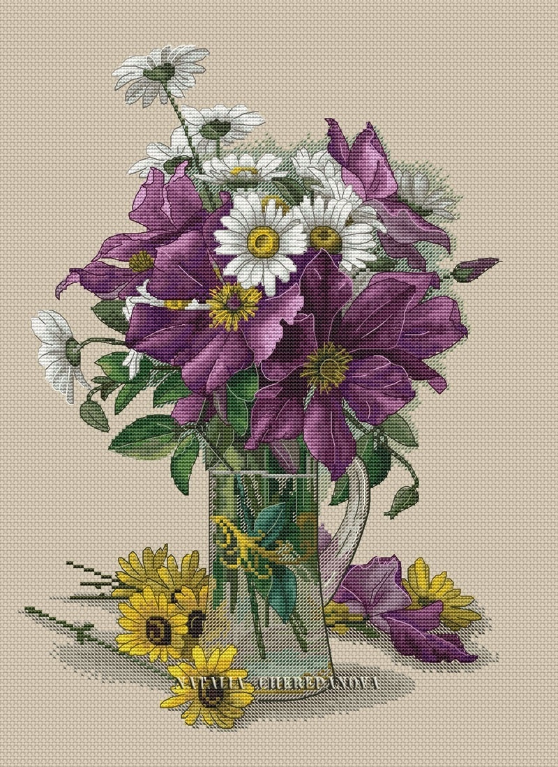 Purple Clematis and White Daisies Cross Stitch Pattern фото 1