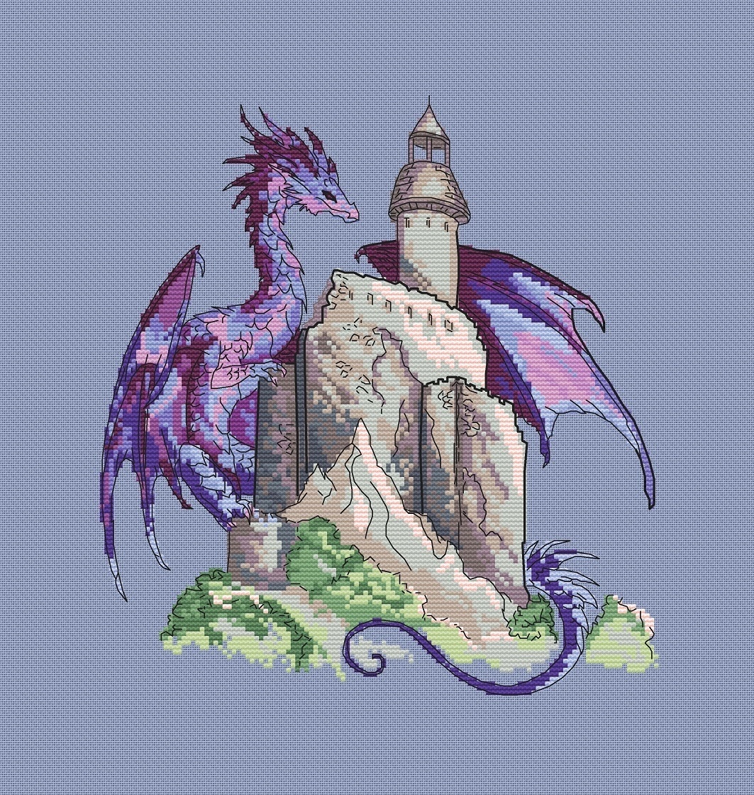 Purple Dragon with Castle Cross Stitch Pattern фото 5