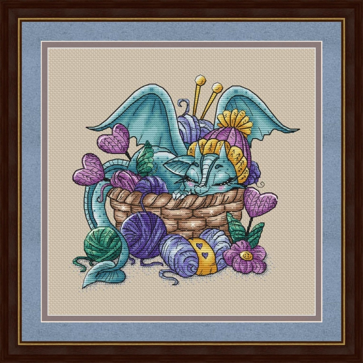 Dragon with Knitting Cross Stitch Pattern фото 1