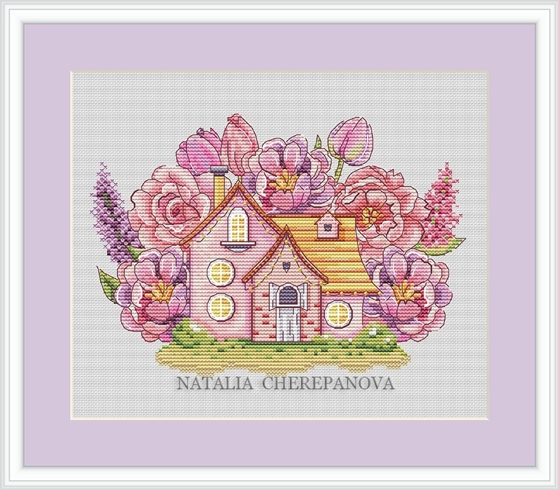 A House in Pink Flowers Cross Stitch Pattern фото 1