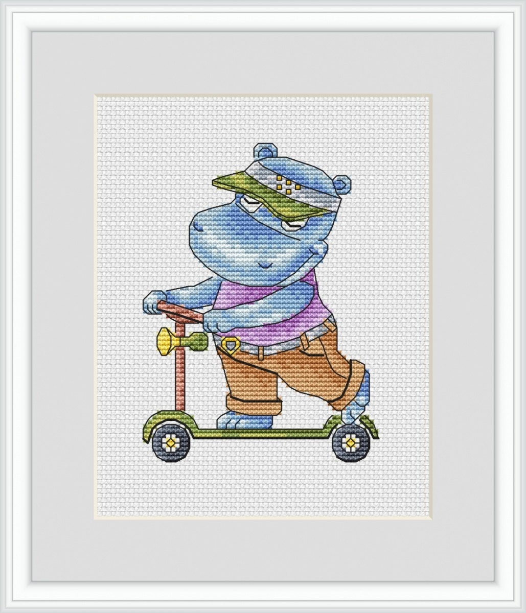 Hippo on a Scooter Cross Stitch Pattern фото 1