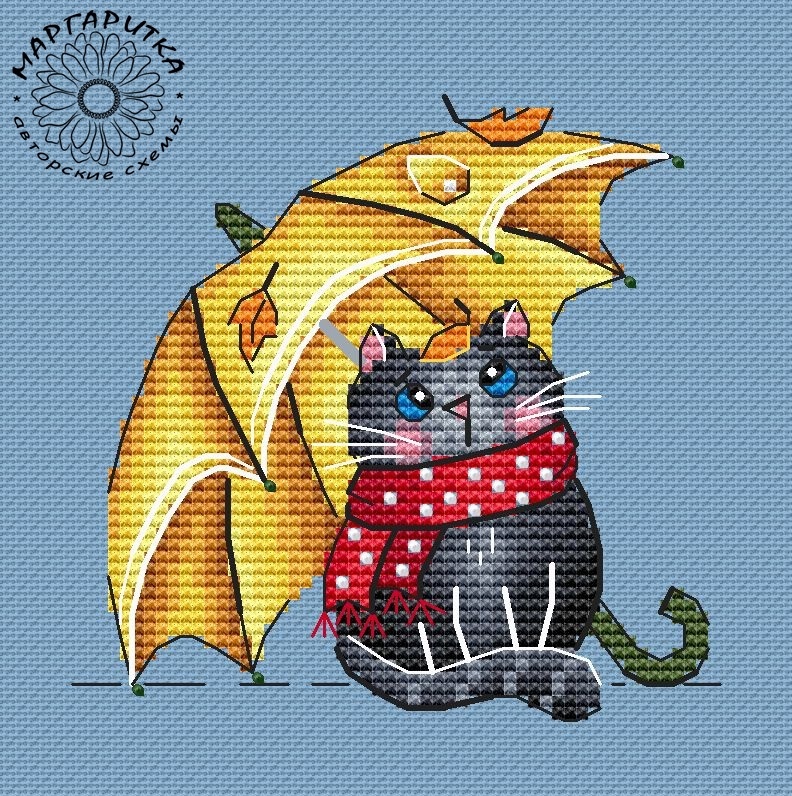 Cat under Umbrella Cross Stitch Pattern фото 1