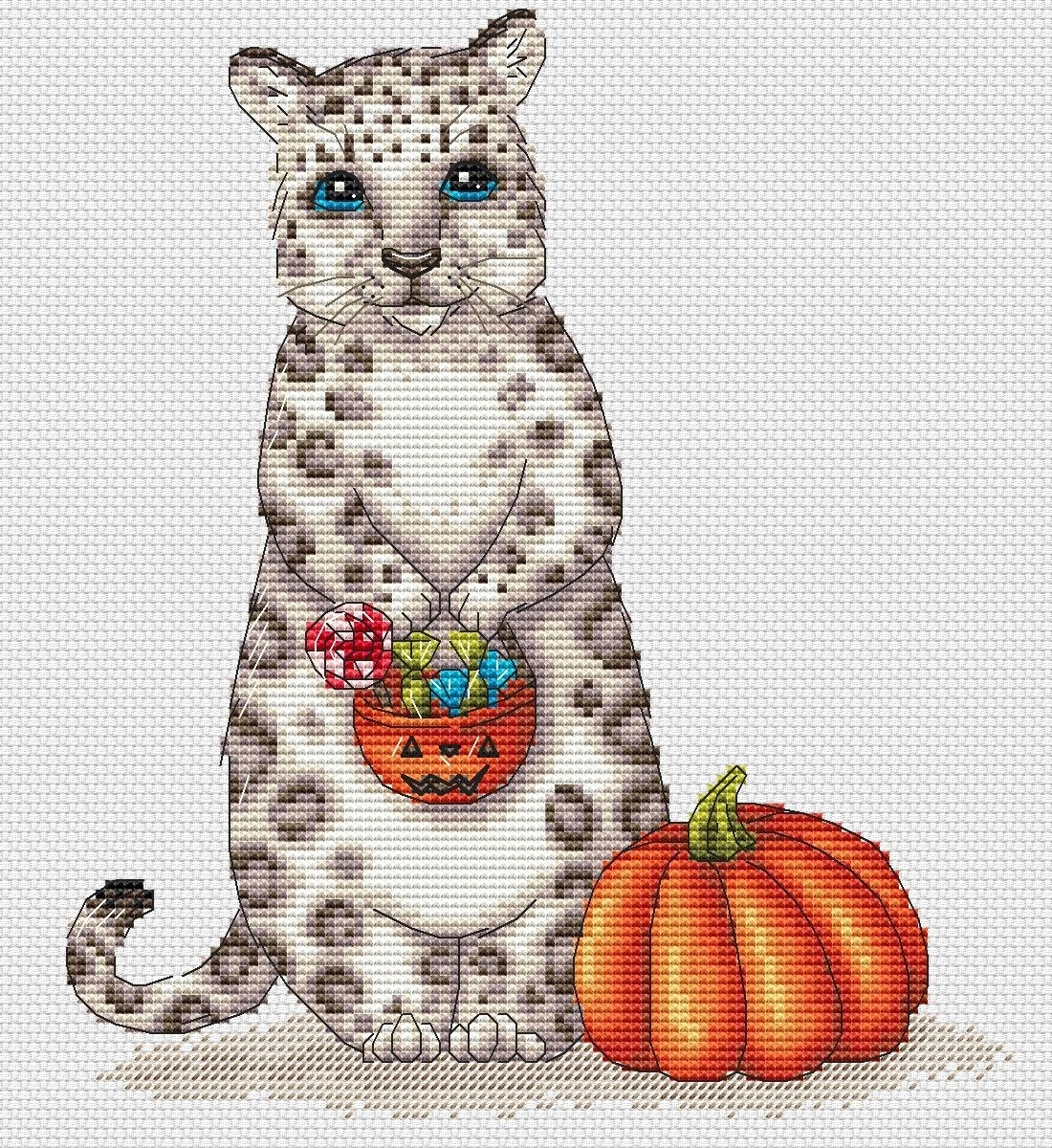 Snow Leopard with Pumpkin Cross Stitch Pattern фото 1