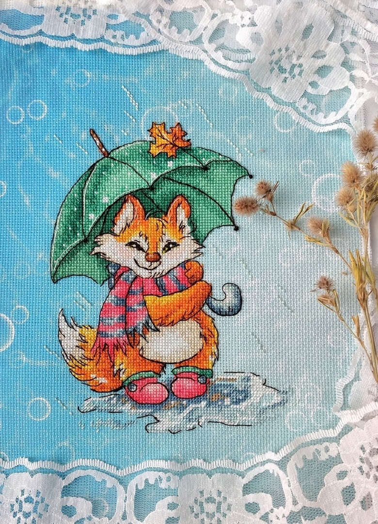 A Fox Cub under an Umbrella Cross Stitch Pattern фото 2