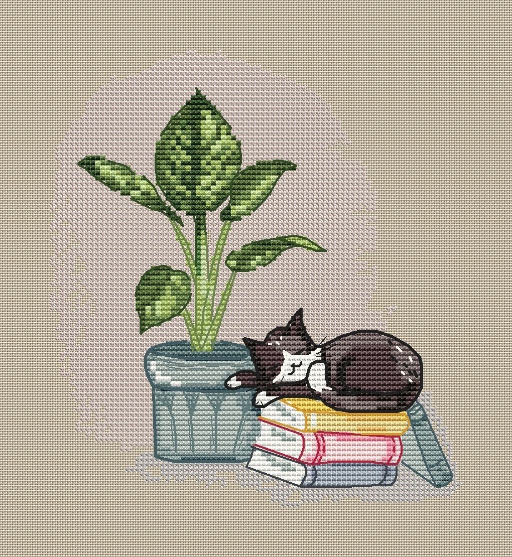 Sleeping Cat with a Plant Cross Stitch Pattern фото 1