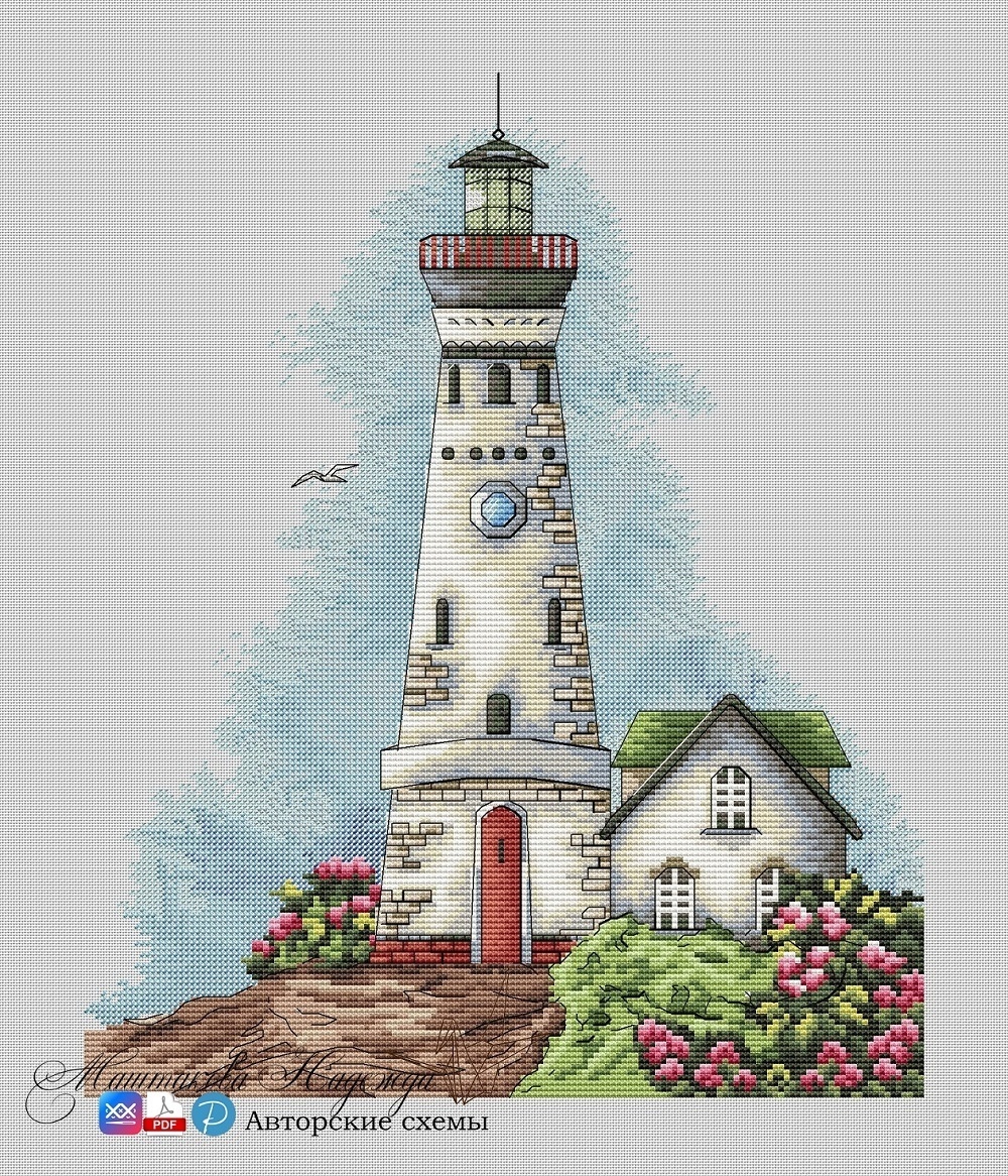 Lighthouse on the Shore of the Bay Cross Stitch Pattern фото 1
