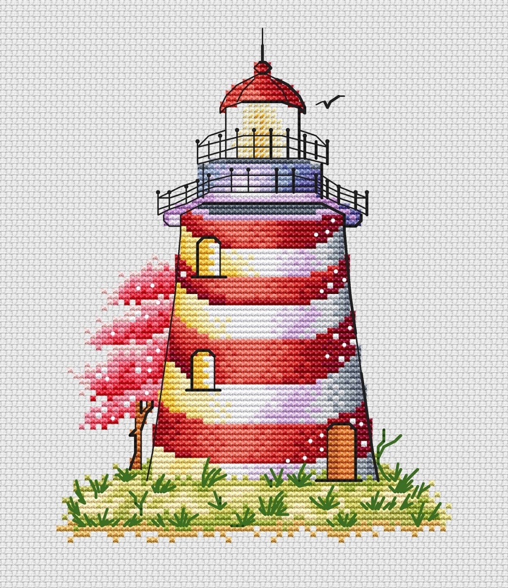 Lighthouse and Pink Tree Cross Stitch Pattern фото 1