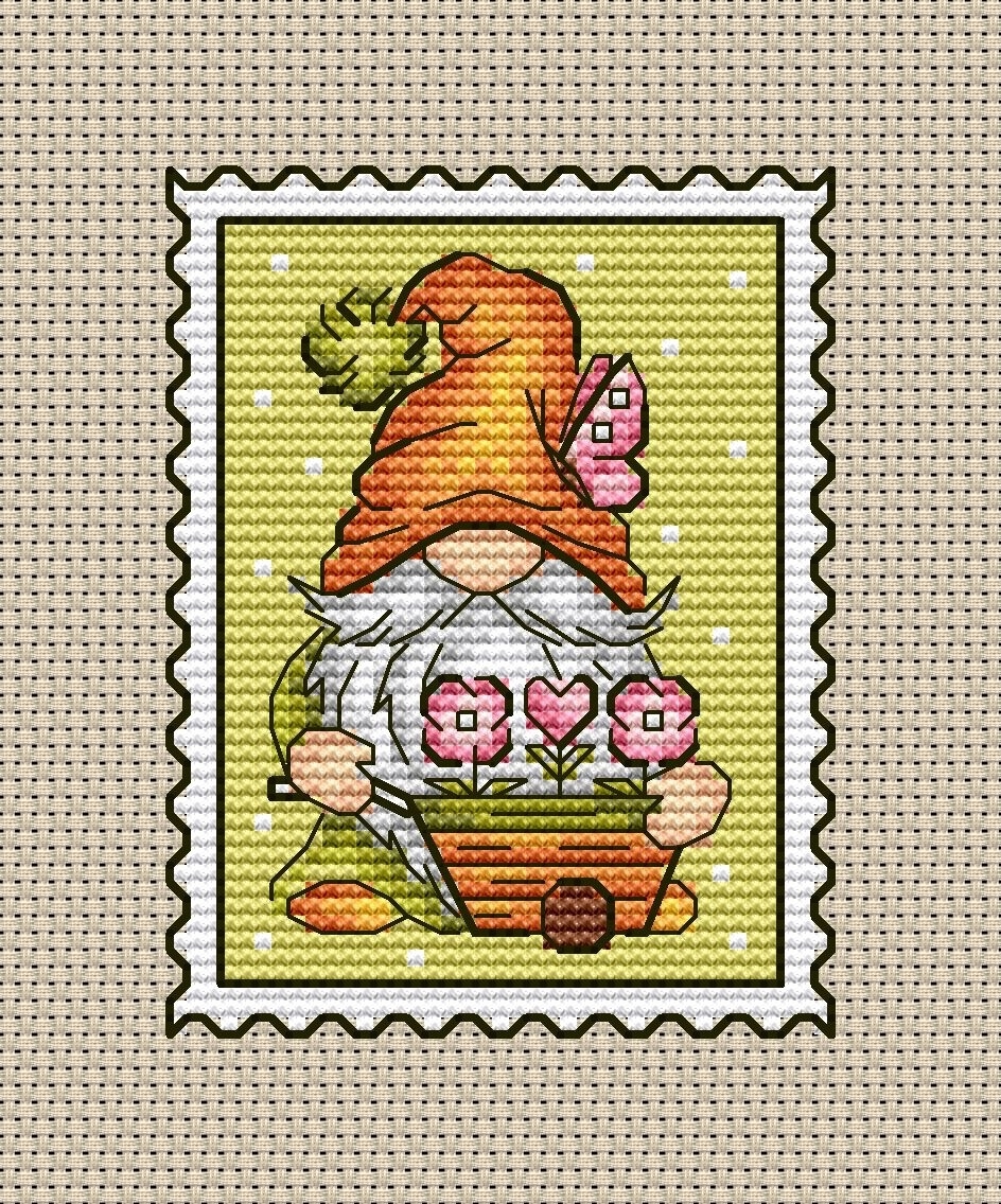 Spring Garden Gnome Postage Stamp Cross Stitch Pattern фото 1