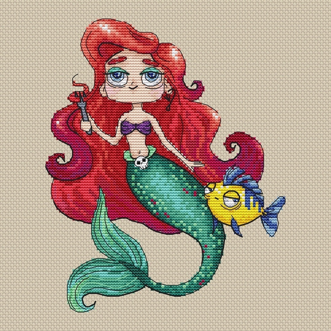 Mermaid and Flounder Cross Stitch Pattern фото 1