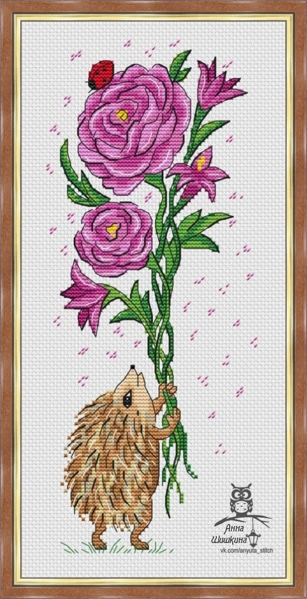 Hedgehog with a Bouquet Cross Stitch Pattern фото 1
