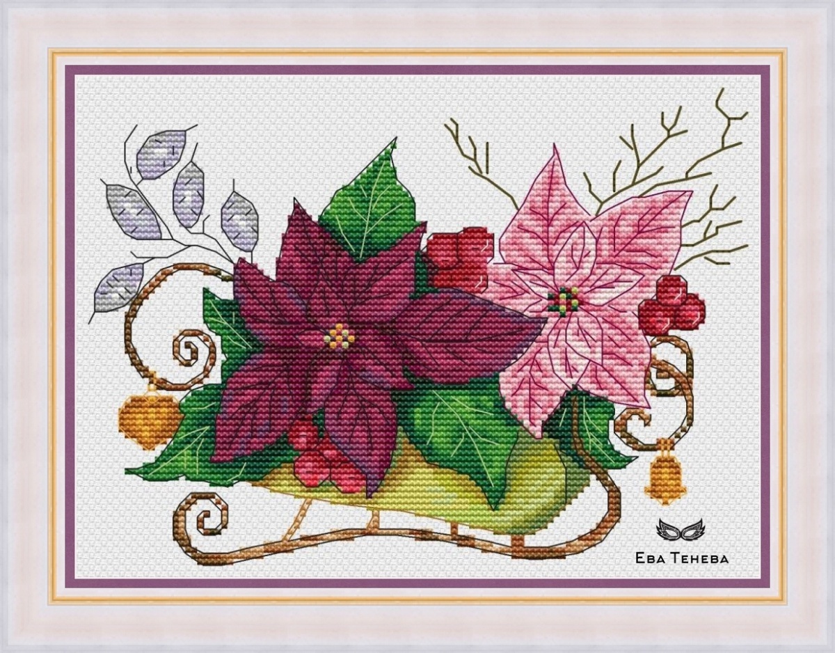 New Year's Sleigh (burgundy version) Cross Stitch Pattern, code TE-053 ...
