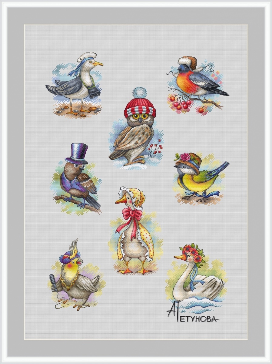 Feathered Friends in Hats Cross Stitch Pattern фото 1