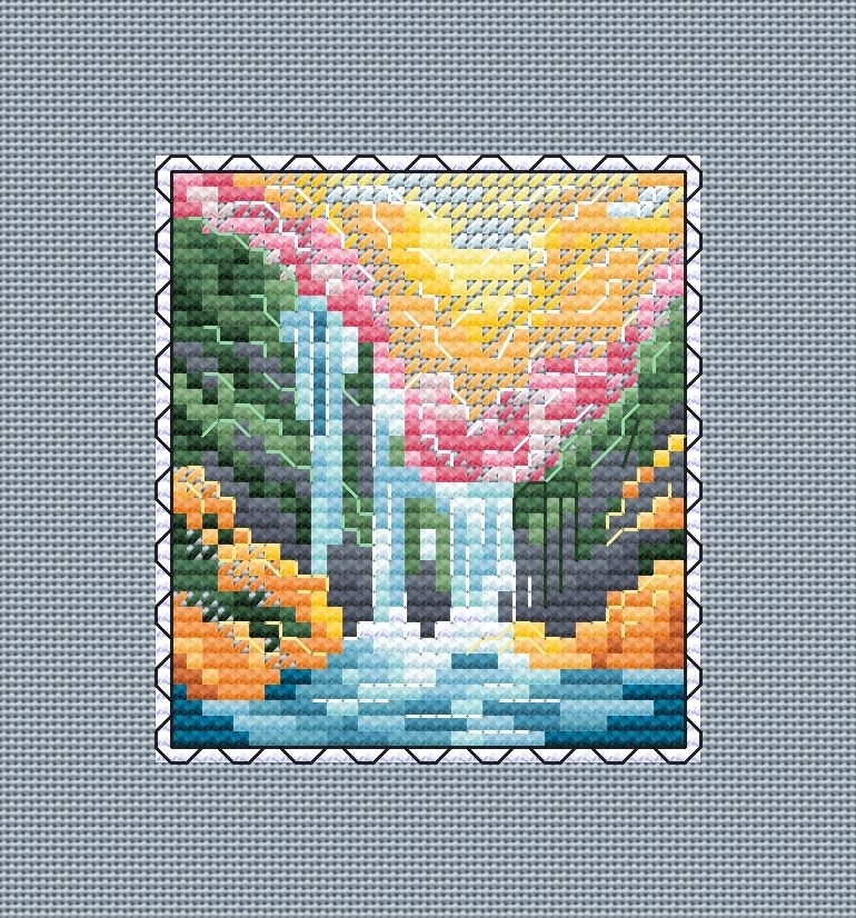 Waterfall Postage Stamp Cross Stitch Pattern фото 5