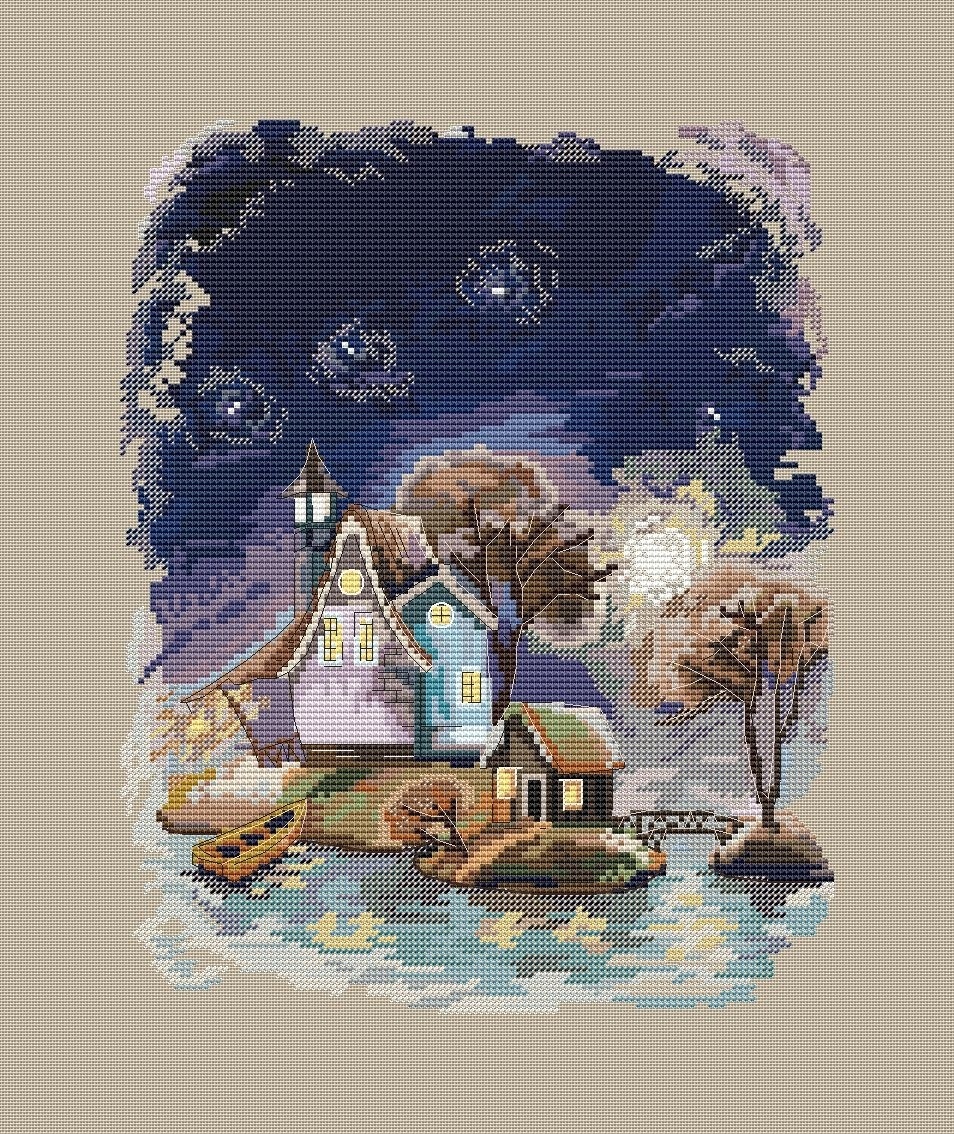 Houses on the Islands. Night Cross Stitch Pattern фото 1